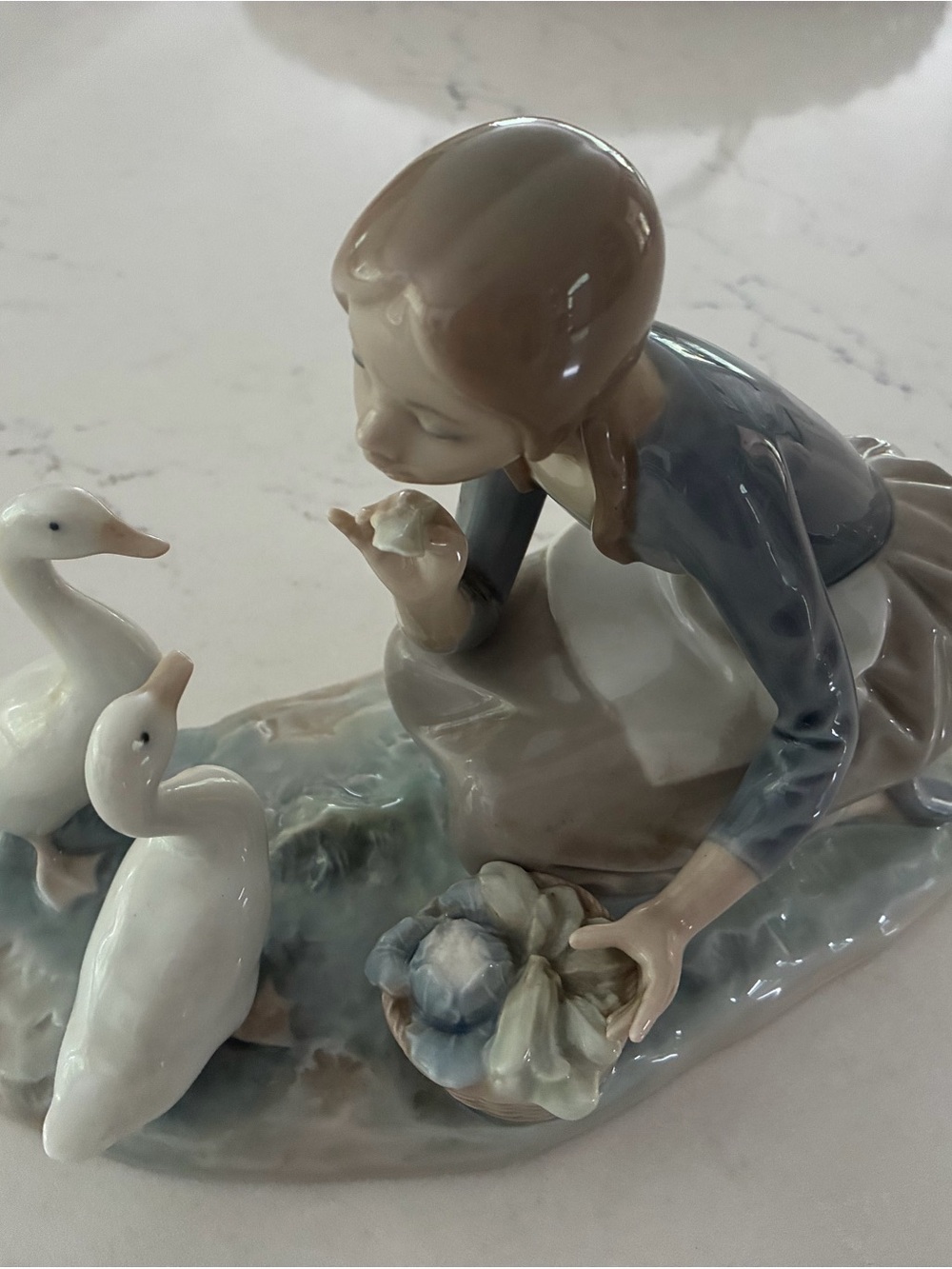 Lladro Girl Feeding Ducks Porcelain Figurine - White, Blue, Cream
